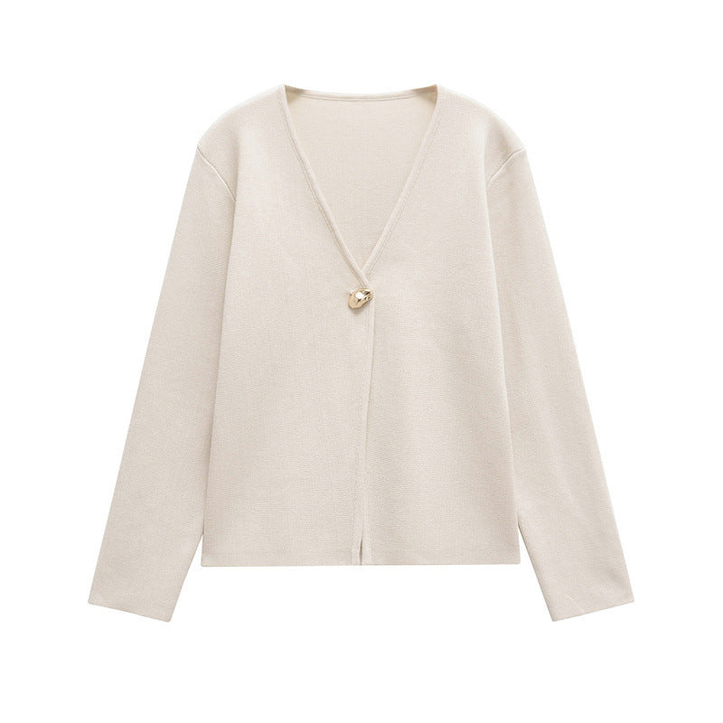 Damen schicke Strickjacke mit elegantem V-Ausschnitt und dekorativem Knopf Drune