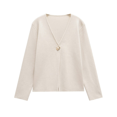 Damen schicke Strickjacke mit elegantem V-Ausschnitt und dekorativem Knopf Drune