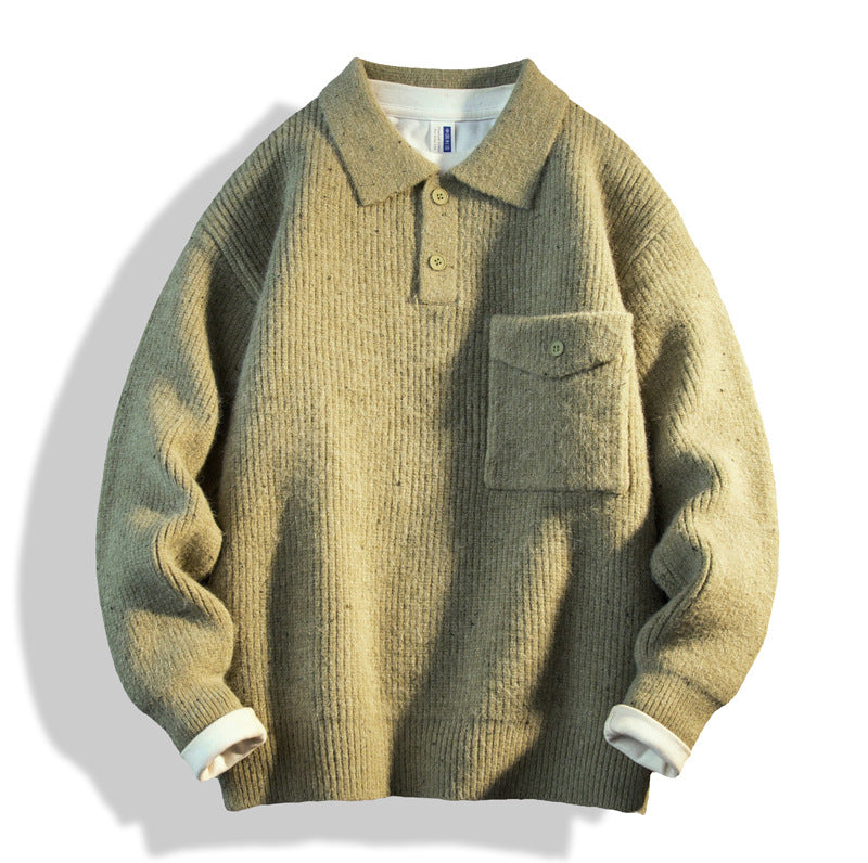 Herren Oversize-Strick-Polo mit Brusttasche & gerippter Struktur Drune