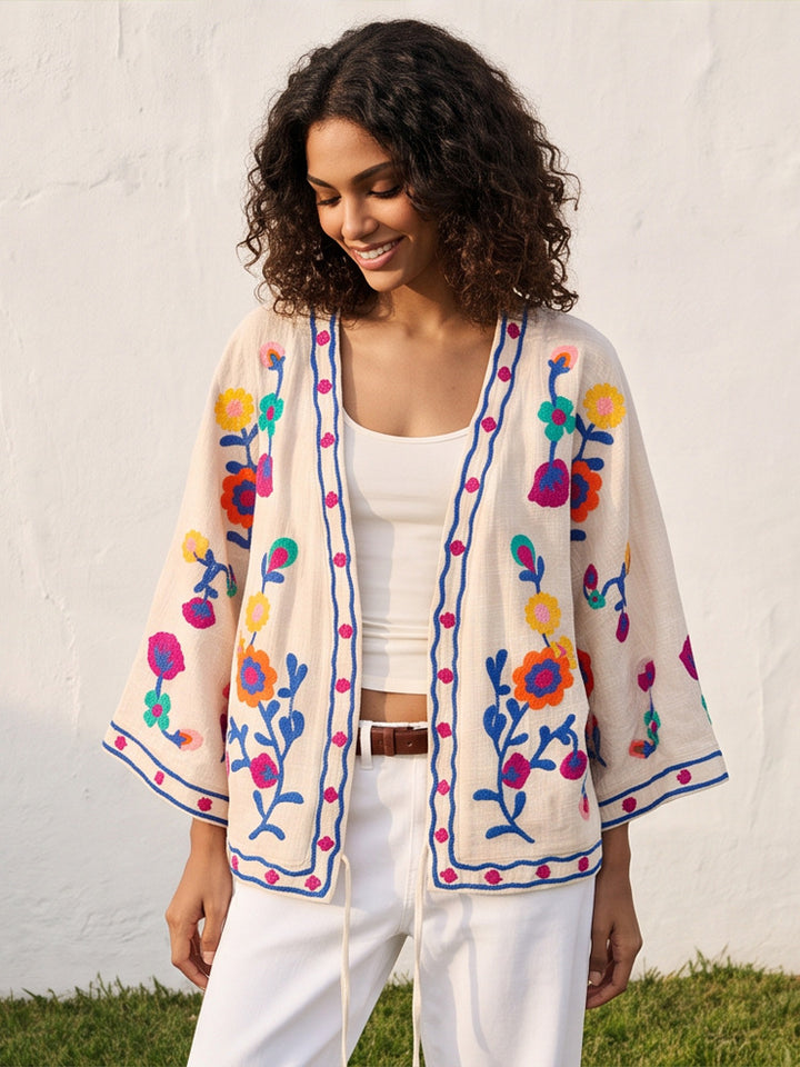 Damen bestickte Leinen‑Überwurfjacke mit folkloristischen Blumenapplikationen Drune