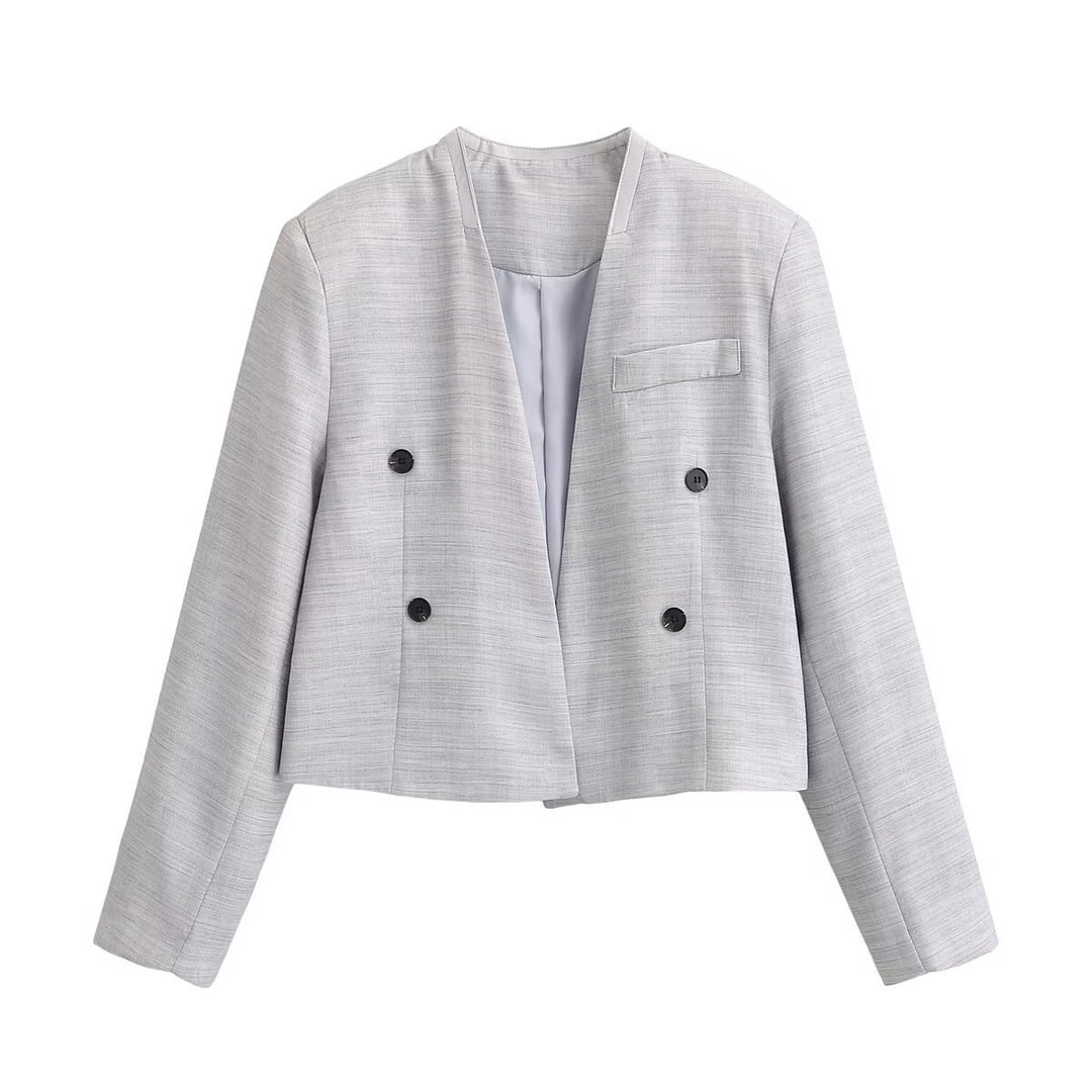 Damen kragenloser Cropped-Blazer mit kastiger Silhouette und Doppelknopfreihe Drune