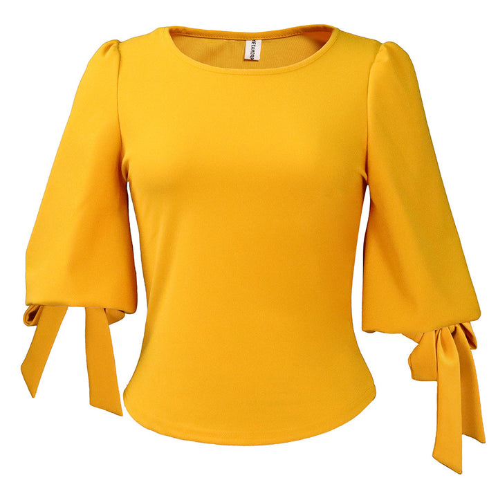 Damen modische Bluse mit Taillenband und Puffärmeln Drune