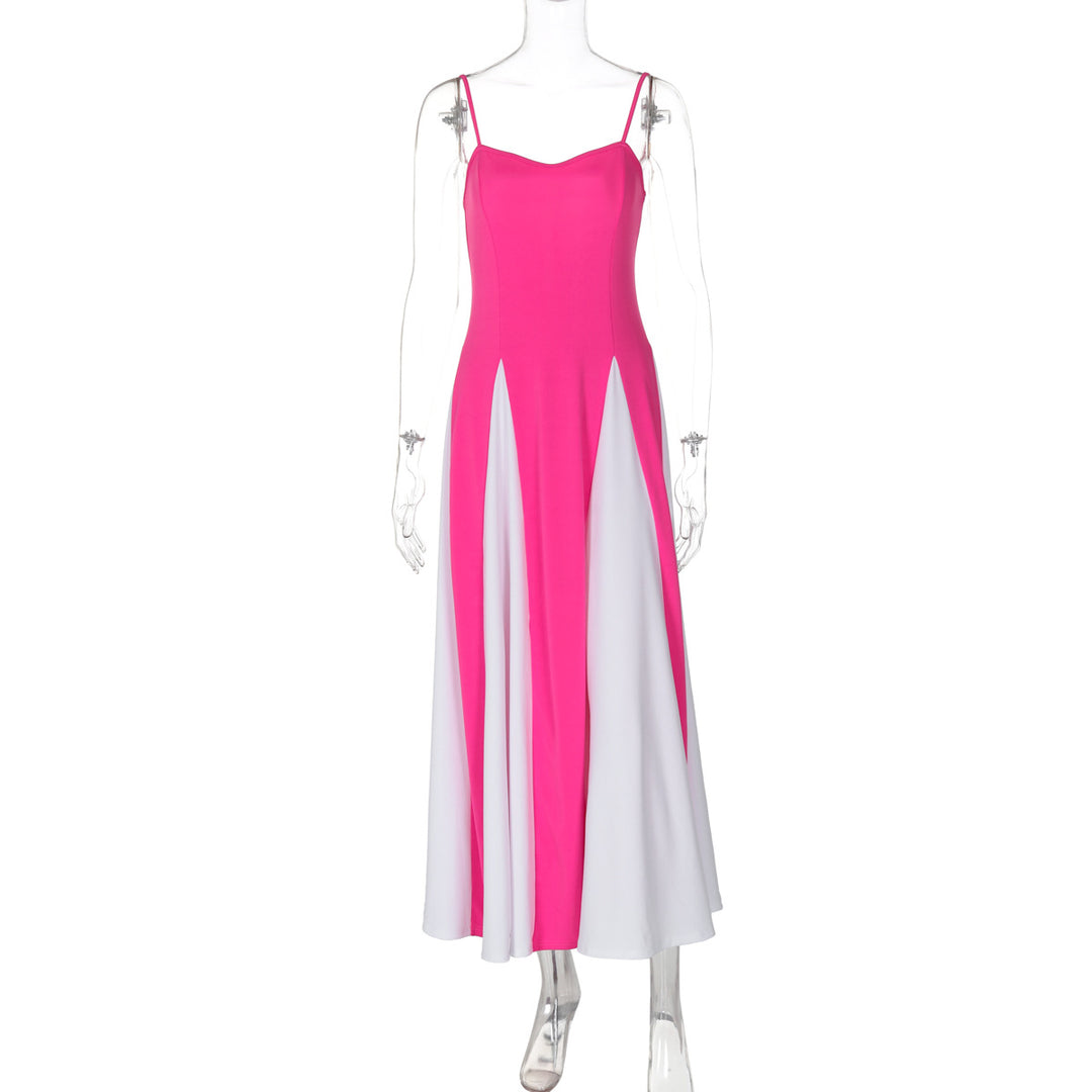 Damen Elegantes Maxikleid mit diagonalen Farbakzenten und schmalen Spaghettiträgern Drune