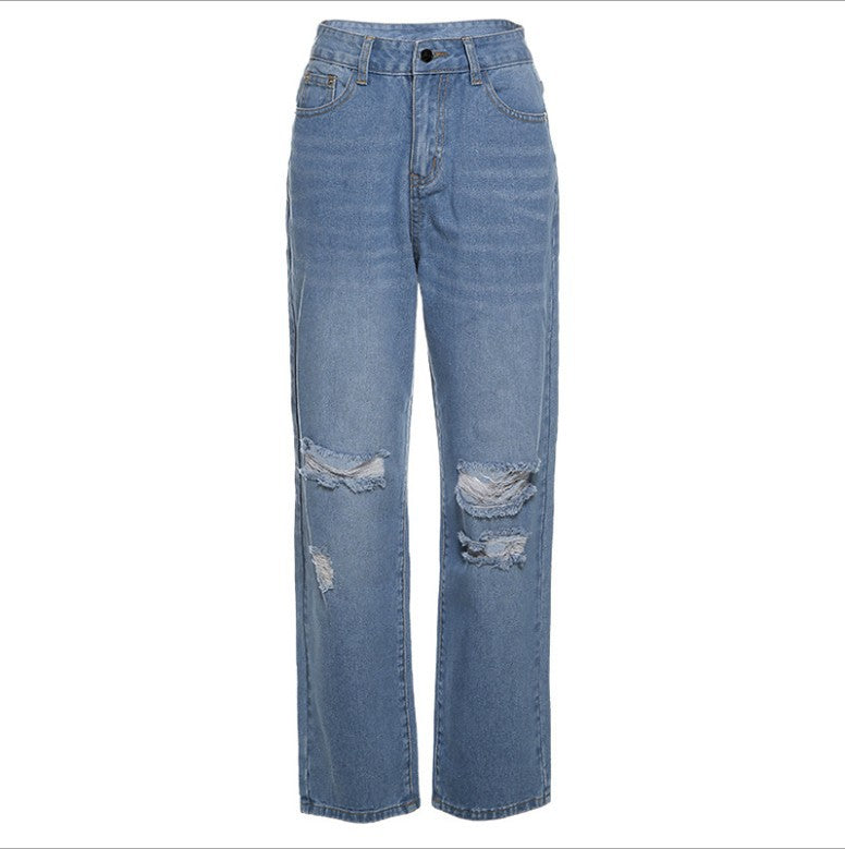 Damen nan hochgeschnittene weite Jeanshose im Baggy-Stil mit Knieausfransungen und elastischem Saum Drune