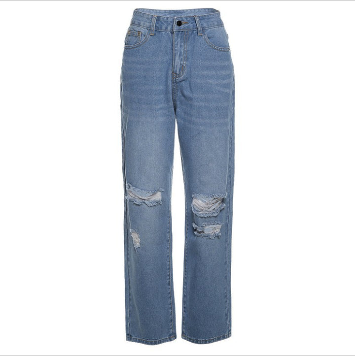 Damen nan hochgeschnittene weite Jeanshose im Baggy-Stil mit Knieausfransungen und elastischem Saum Drune