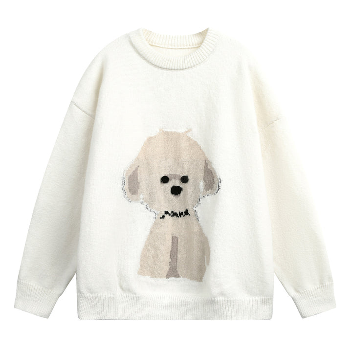 Damen Oversize Strickpullover mit gewebtem Hundemotiv und Knopfaugen Drune