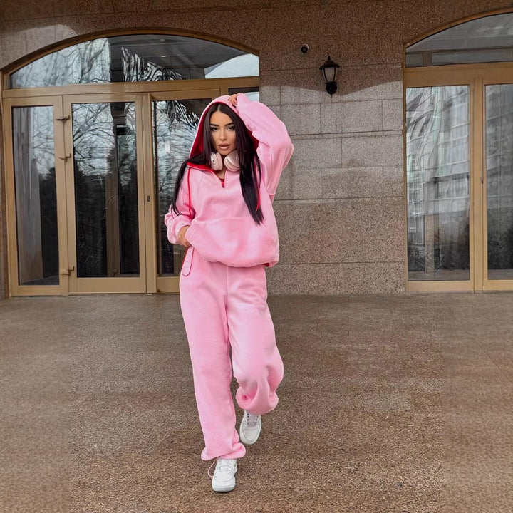 Damen Fleece-Loungewear-Set mit halbem Frontzip, gefütterter Kapuze und hochgeschnittener Komforthose Drune