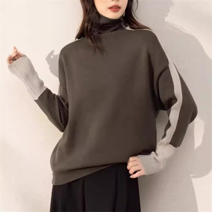 Damen Lässiger Rollkragenpullover mit Kontrastärmel Drune