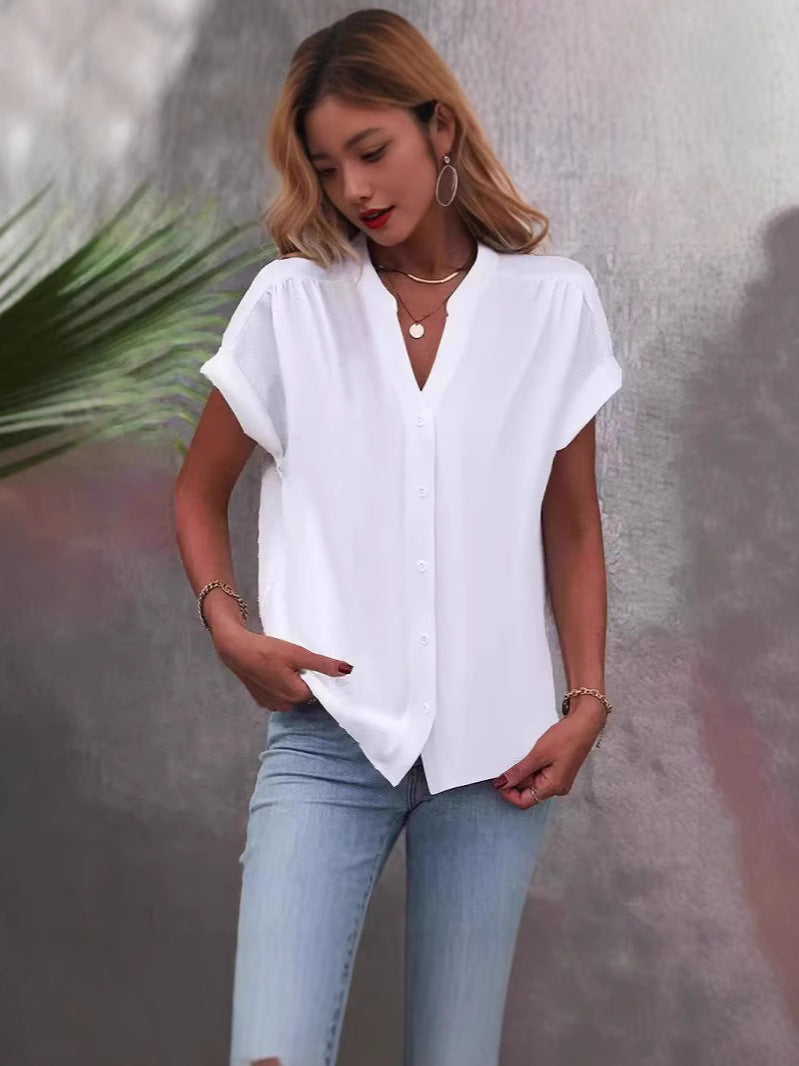 Damen Kurzarm Button-Up Faltenbluse Drune