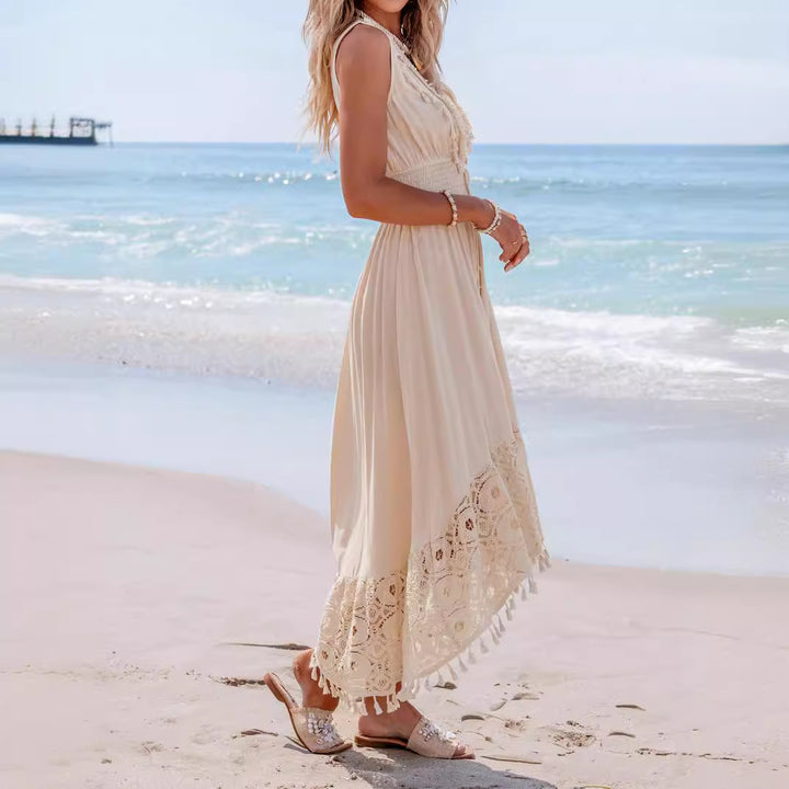 Damen Bohemian Maxikleid mit Spitzen- und Rüschendetails Drune