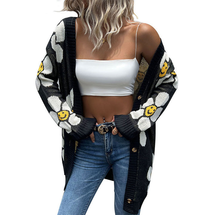 Damen Lässiger Strickcardigan mit floralem Design Drune