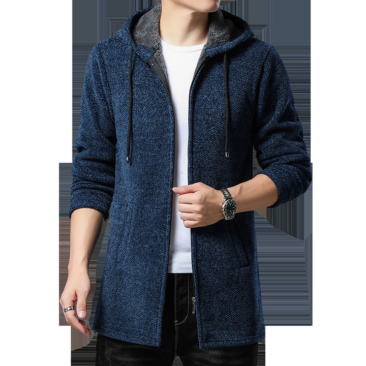 Herren nan urbaner Kapuzen-Strickmantel mit Teddyfutter, verdecktem Reißverschluss und seitlichen Eingrifftaschen Drune