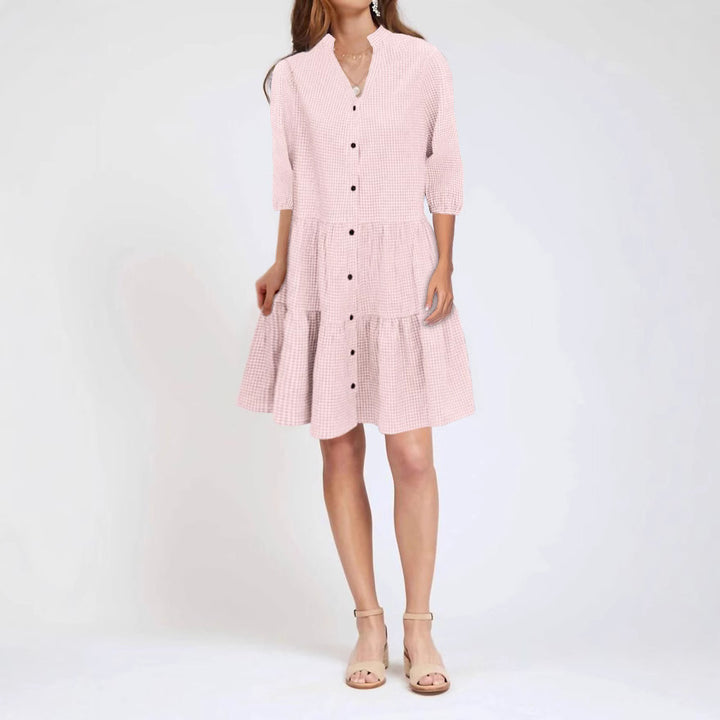 Damen Locker Gestuftes Hemdkleid mit Stehkragen und Voller Knopfleiste Drune