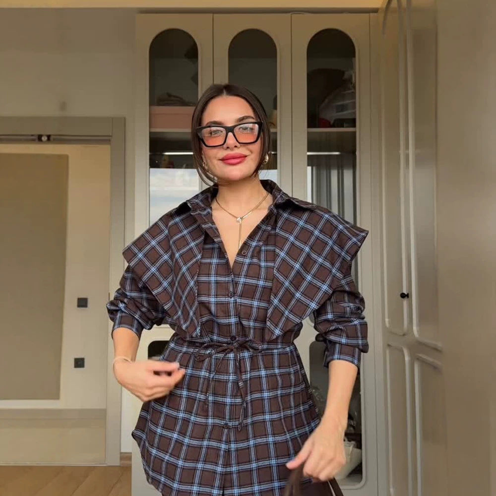 Damen Oversize-Kariertes Hemd mit Taillengürtel und verlängertem Rückensaum Drune