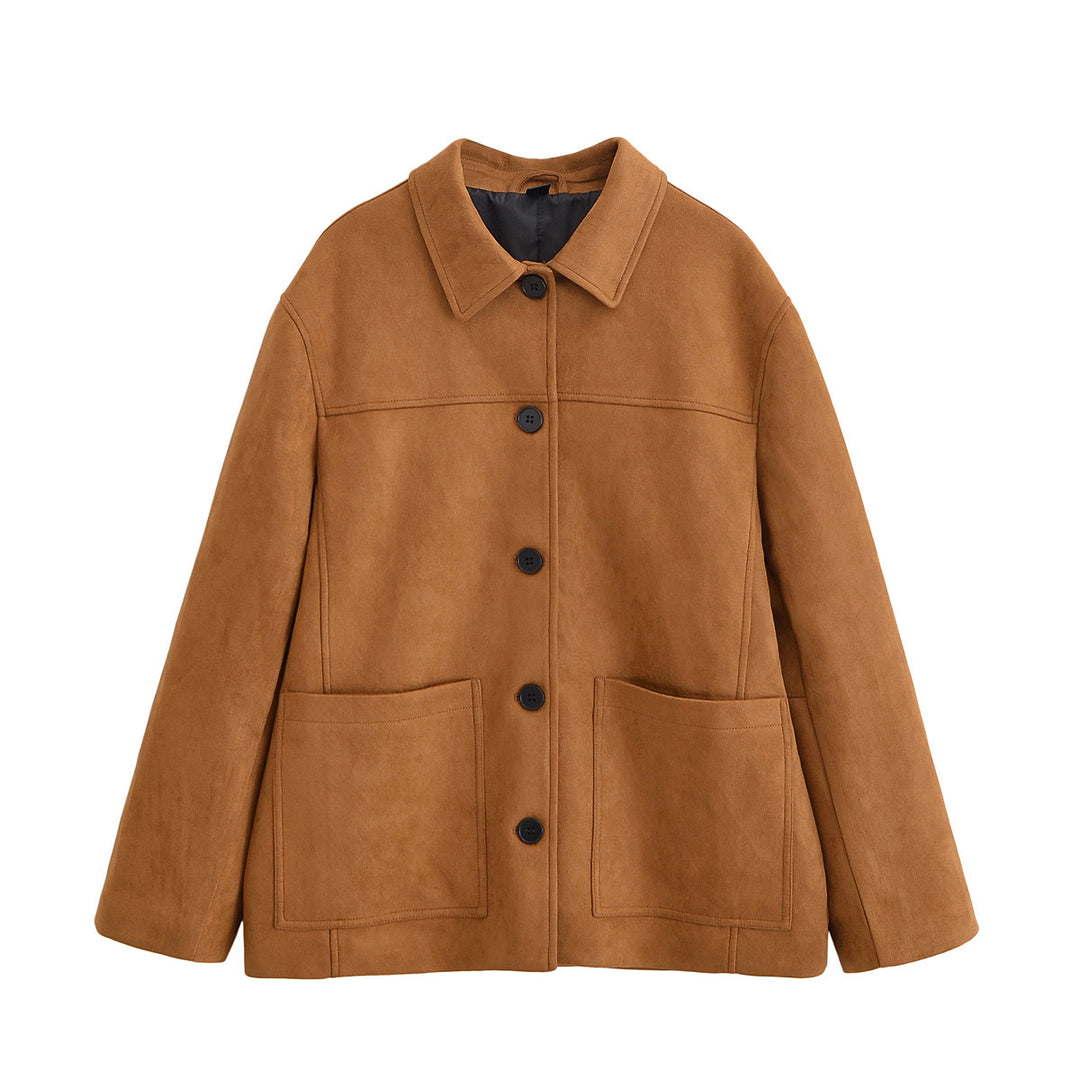 Damen Boxy-Utility-Jacke aus Wildlederoptik mit Hemdkragen und großen aufgesetzten Taschen Drune