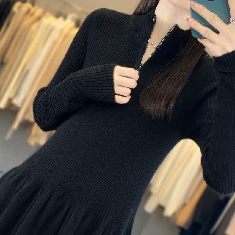 Damen lässiges Strickkleid mit hohem Kragen und Zip-Taschen Drune
