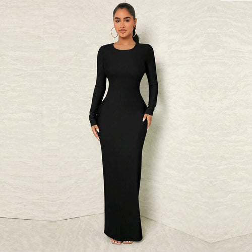 Damen figurnahes Maxikleid mit Rundhalsausschnitt, langem Arm und sculptender Taillenform Drune