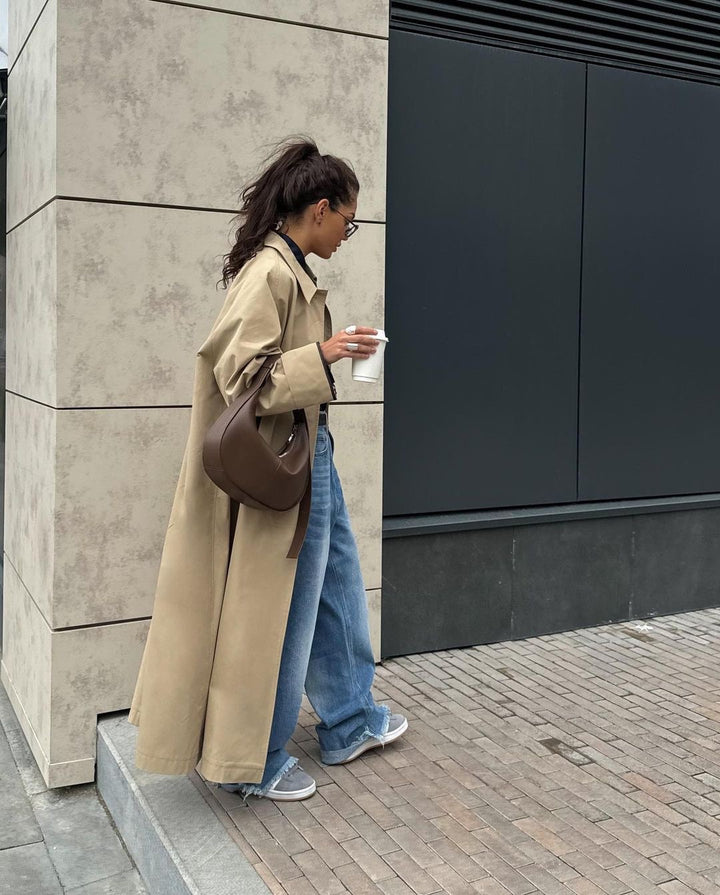 Damen Lange und elegante Trenchcoat-Jacke aus wasserabweisendem Material Drune