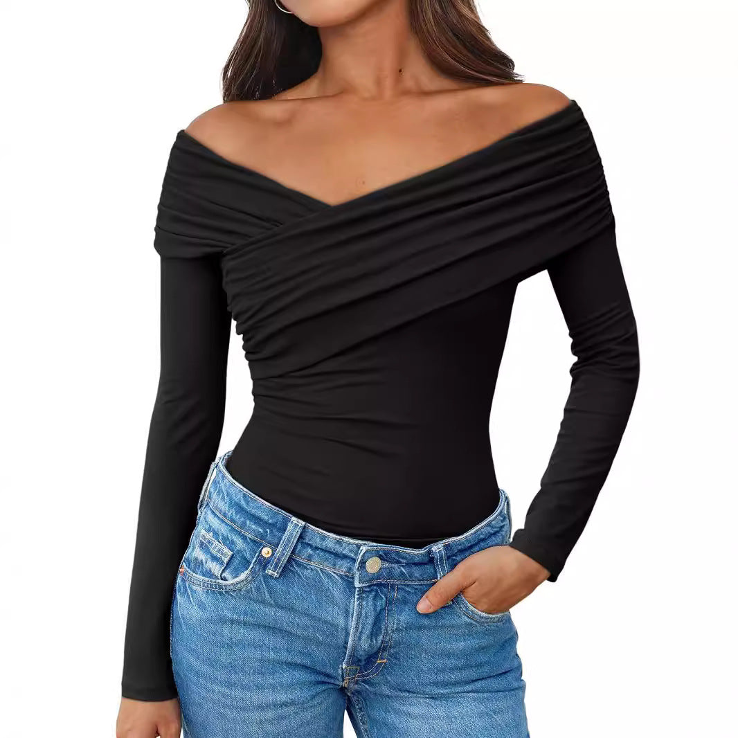 Damen Off-Shoulder Langarm-Top mit Wickeloptik und figurbetontem Stretch-Jersey Drune