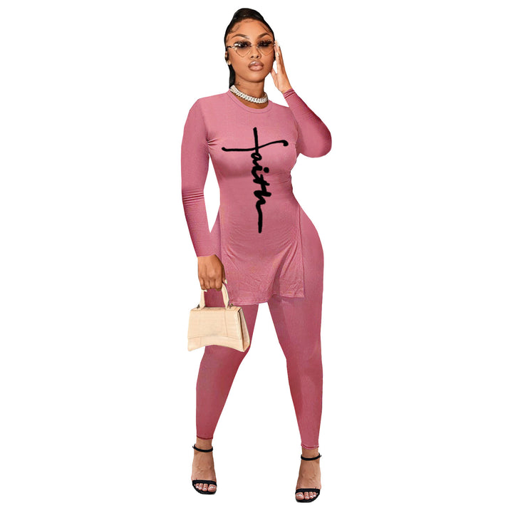 Damen Enganliegendes zweiteiliges Lounge-Set mit langem Shirt, figurbetonten Leggings und vertikalem Schriftzug Drune