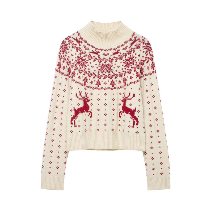Damen kurzer Norwegerstrickpullover mit hohem Rippkragen und Rentiermotiv Drune