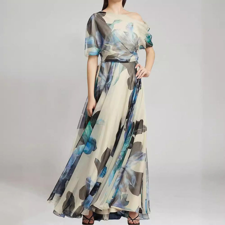 Damen elegantes Chiffon-Kleid mit schulterfreiem Design und floralem Muster Drune