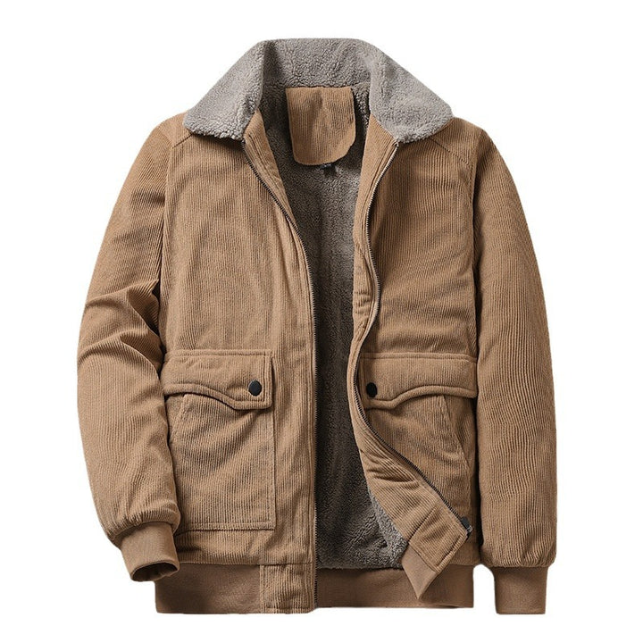 Herren Cordjacke im Worker‑Stil mit Sherpa‑Futter, Reißverschluss und gerippten Bündchen Drune