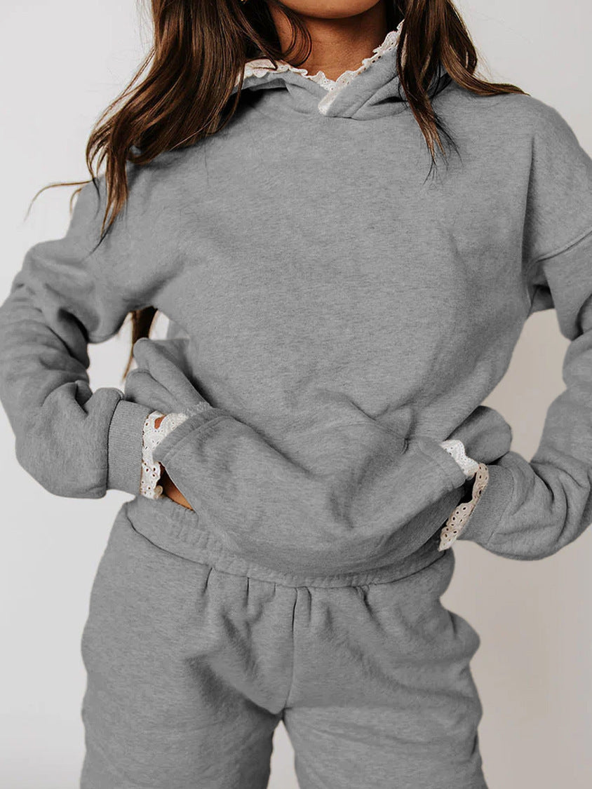Damen Lässiges Hoodie-Set mit dekorativem Spitzensaum Drune