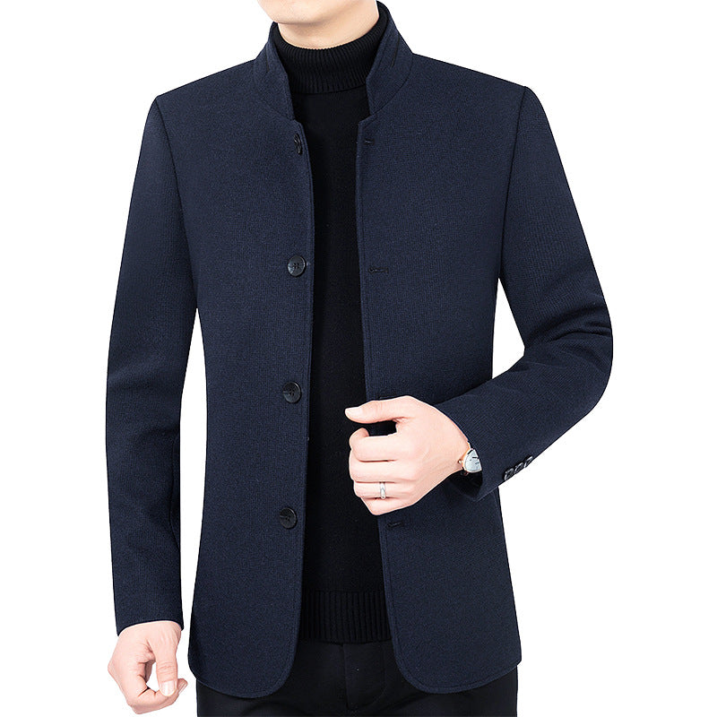 Herren Moderner taillierter Mantel mit Stehkragen und Knopfleiste aus Wollmix Drune