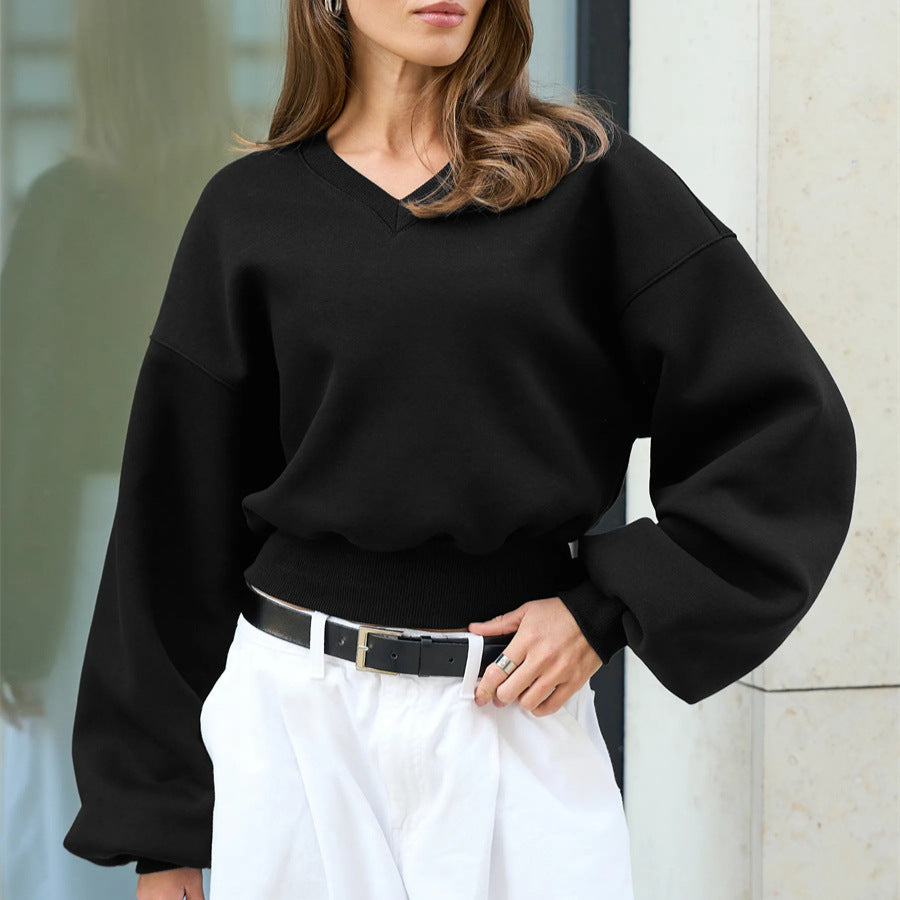 Damen Cropped V-Ausschnitt Pullover mit Ballonärmeln und Rippbund Drune