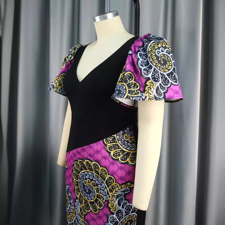Damen Elegantes Etuikleid mit buntem Mustermix und Puffärmeln Drune