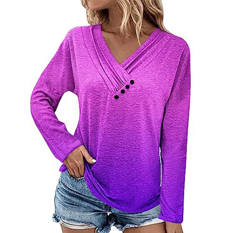 Damen Gerippter V-Ausschnitt Pullover mit Farbverlauf, Zierknöpfen und legerer Passform Drune