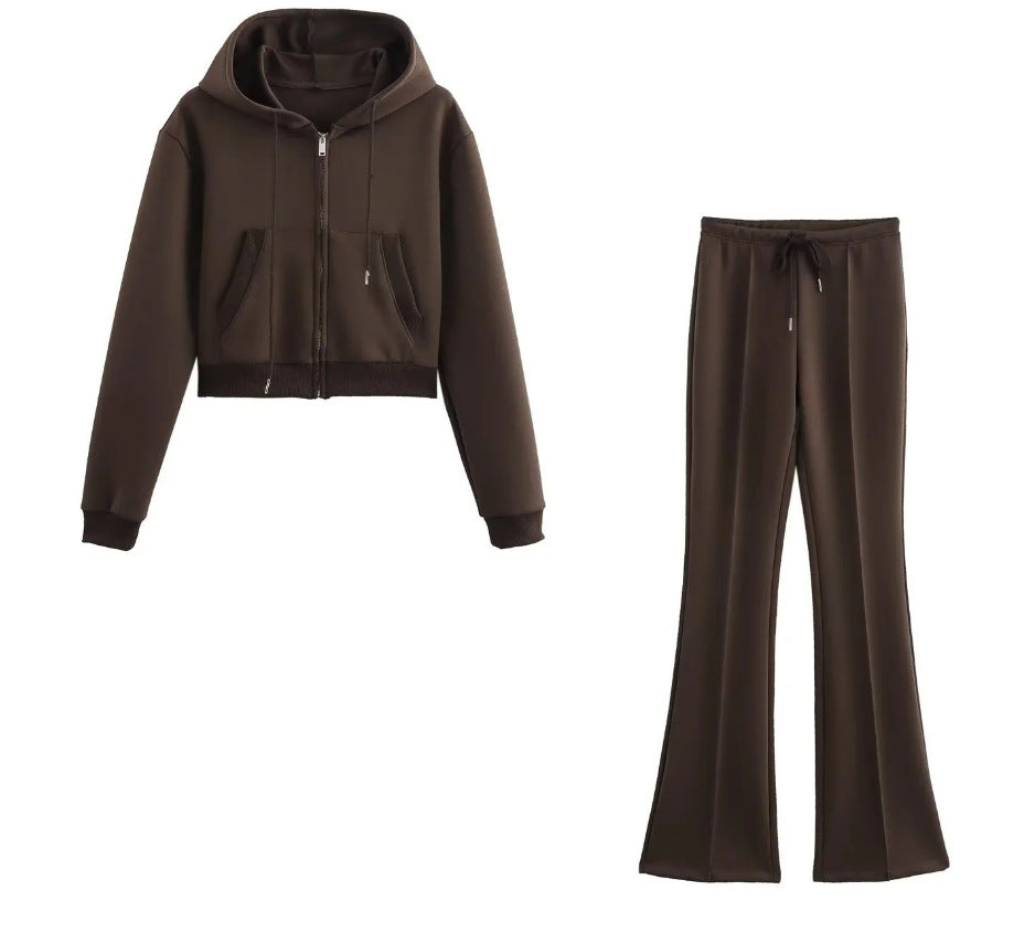Damen 20+ zweiteiliges Joggingset mit Kapuzen‑Cropped‑Zipjacke und ausgestellter High‑Waist‑Palazzohose Drune