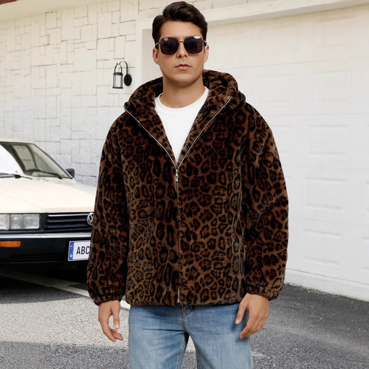 Herren Flauschige Kunstpelzjacke mit modischem Leopardenmuster Drune