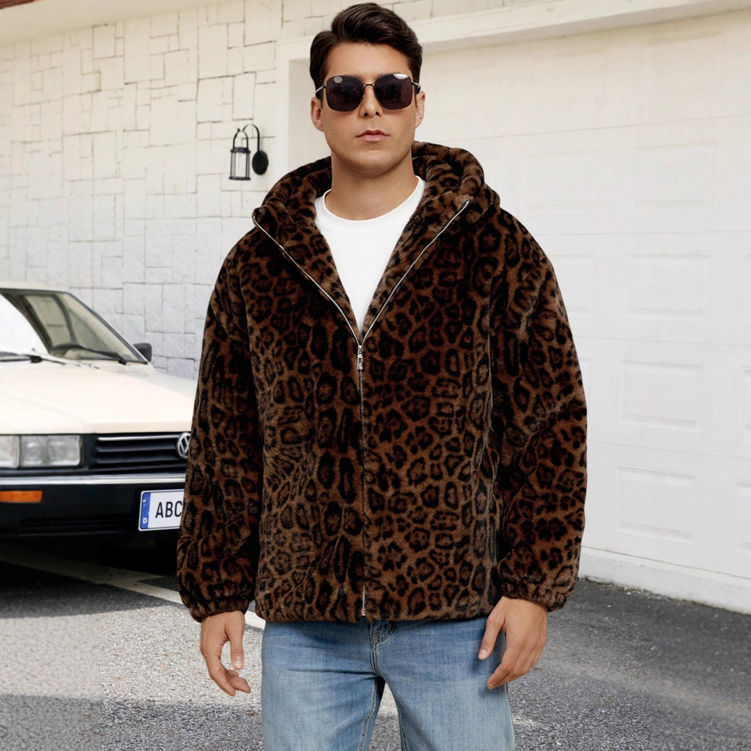 Herren Flauschige Kunstpelzjacke mit modischem Leopardenmuster Drune