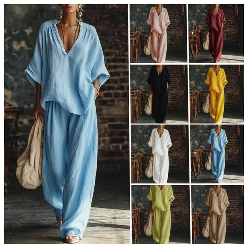 Damen nan lässiges zweiteiliges Leinenoptik-Set mit tiefem V-Ausschnitt, Oversize-Bluse und weitem Palazzo-Hosen Drune