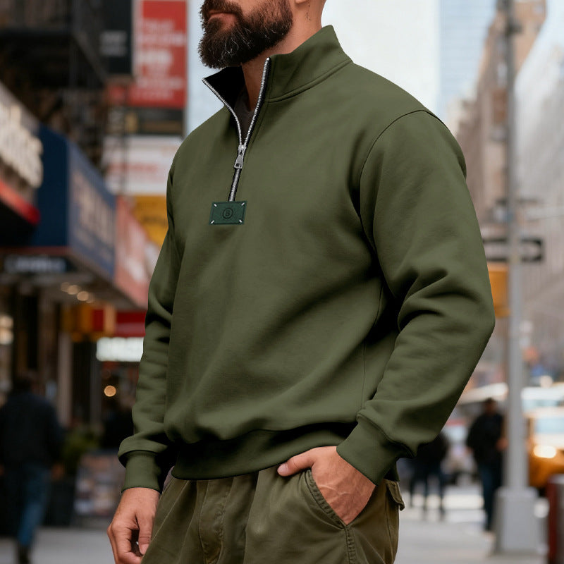 Herren nan hochgeschlossener Quarterzip-Sweatshirt aus schwerem Baumwollfleece mit Stehkragen Drune