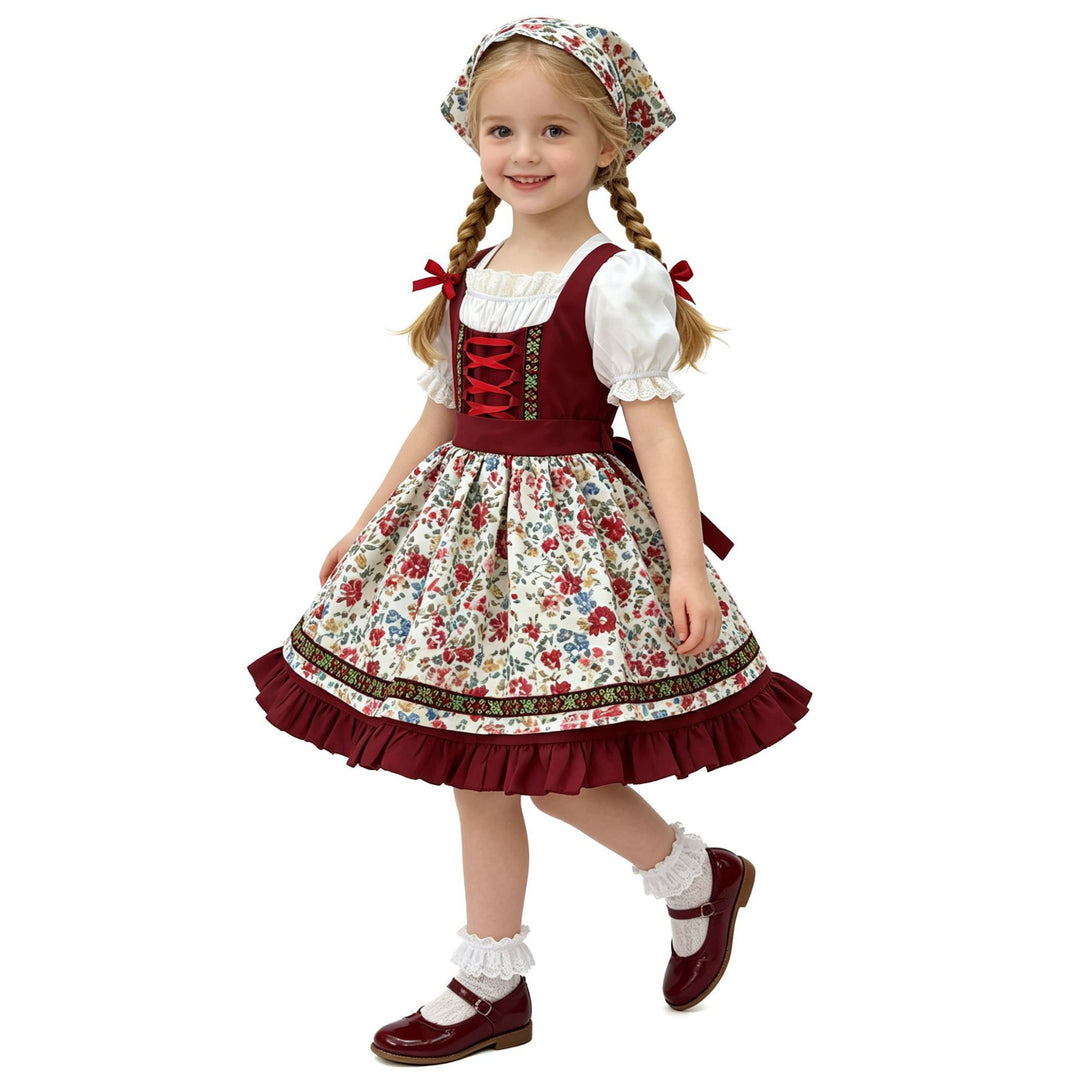 Damen nan traditionelles Kinderdirndl mit Schürze Haarband Spitzenbluse und Zierschnürung Drune