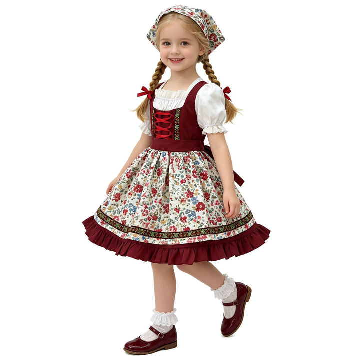 Damen nan traditionelles Kinderdirndl mit Schürze Haarband Spitzenbluse und Zierschnürung Drune