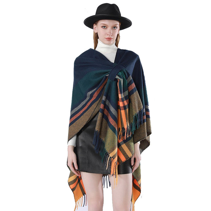 Damen Oversize‑Poncho‑Überwurf mit Tunnelzug, Karomuster und Fransensaum Drune