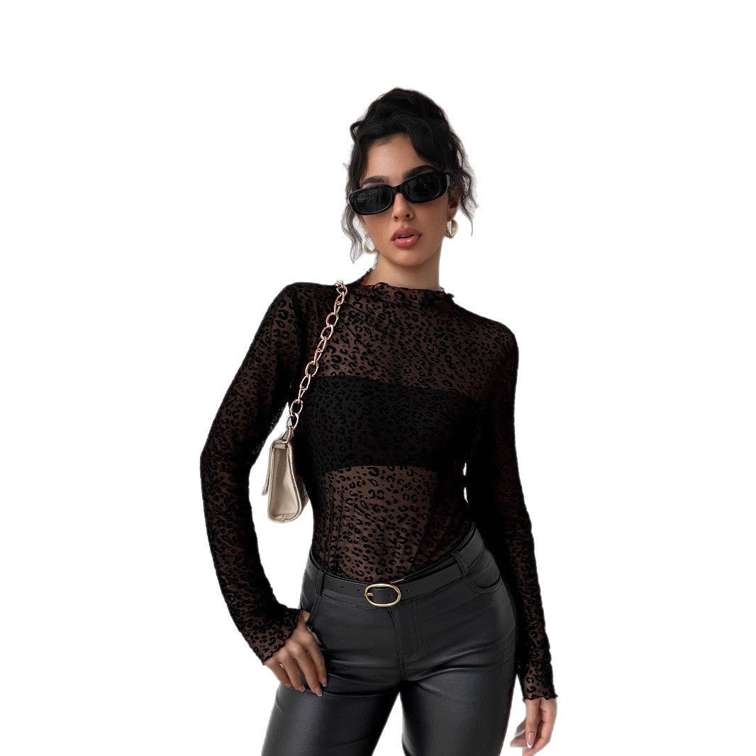 Damen nan eng anliegendes Transparenz-Mesh-Top mit erhabenem Samtflock-Leoprint und Stehkragen Drune