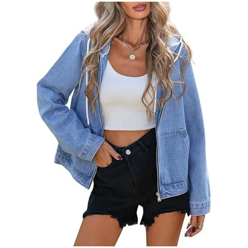 Damen Oversize Jeanskapuzenjacke mit Reißverschluss und aufgesetzten Taschen Drune