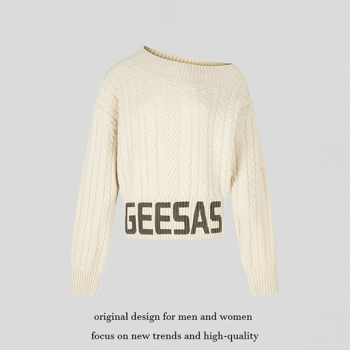 Damen Kurzer Zopfstrick-Pullover mit weitem Boat-Ausschnitt und markantem Logobund Drune