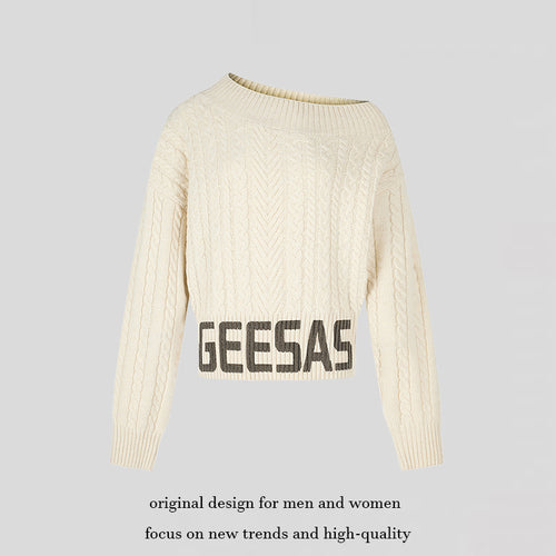 Damen Kurzer Zopfstrick-Pullover mit weitem Boat-Ausschnitt und markantem Logobund Drune