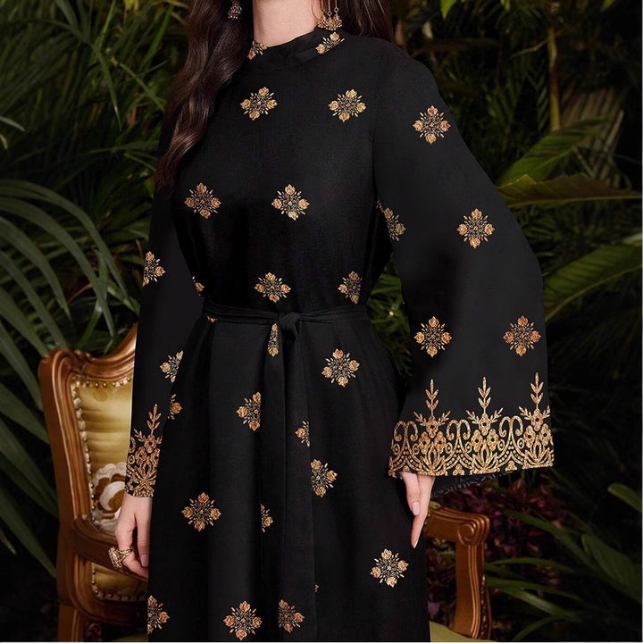 Damen festliches Abendkleid mit elegantem Gold- und Blumenmuster Drune