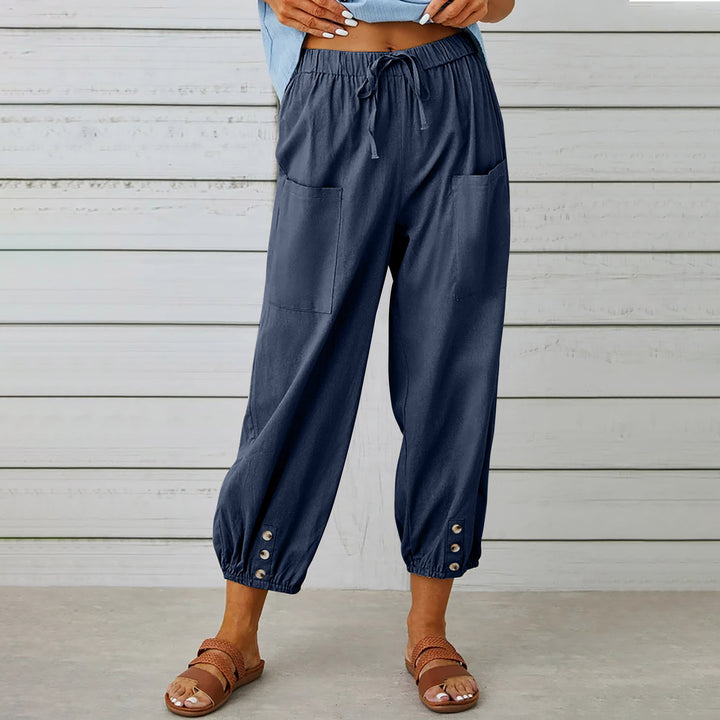 Damen leichte Baumwoll-Leinen-Hosen mit Kordelzug, aufgesetzten Taschen und geknöpften Manschetten Drune