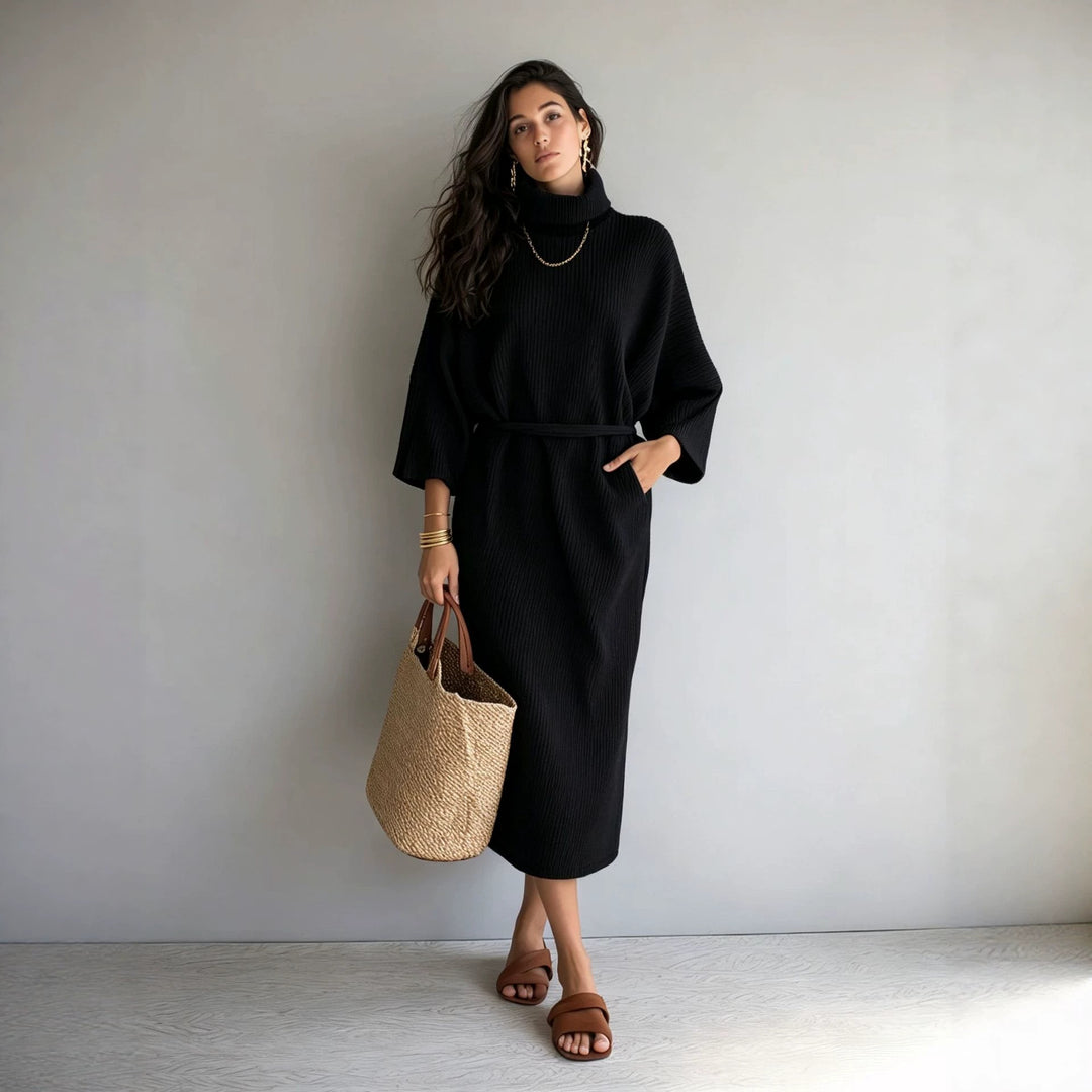 Damen Midilanges Rippenstrickkleid mit Rollkragen, Dreiviertelärmeln und Bindegürtel Drune