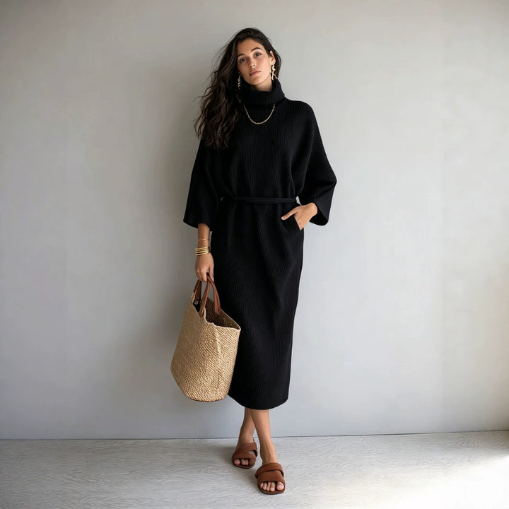 Damen Midilanges Rippenstrickkleid mit Rollkragen, Dreiviertelärmeln und Bindegürtel Drune