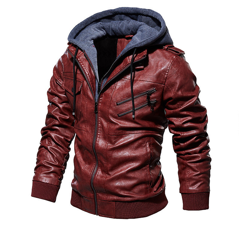 Herren Stylische Kunstlederjacke mit Hoodie Drune