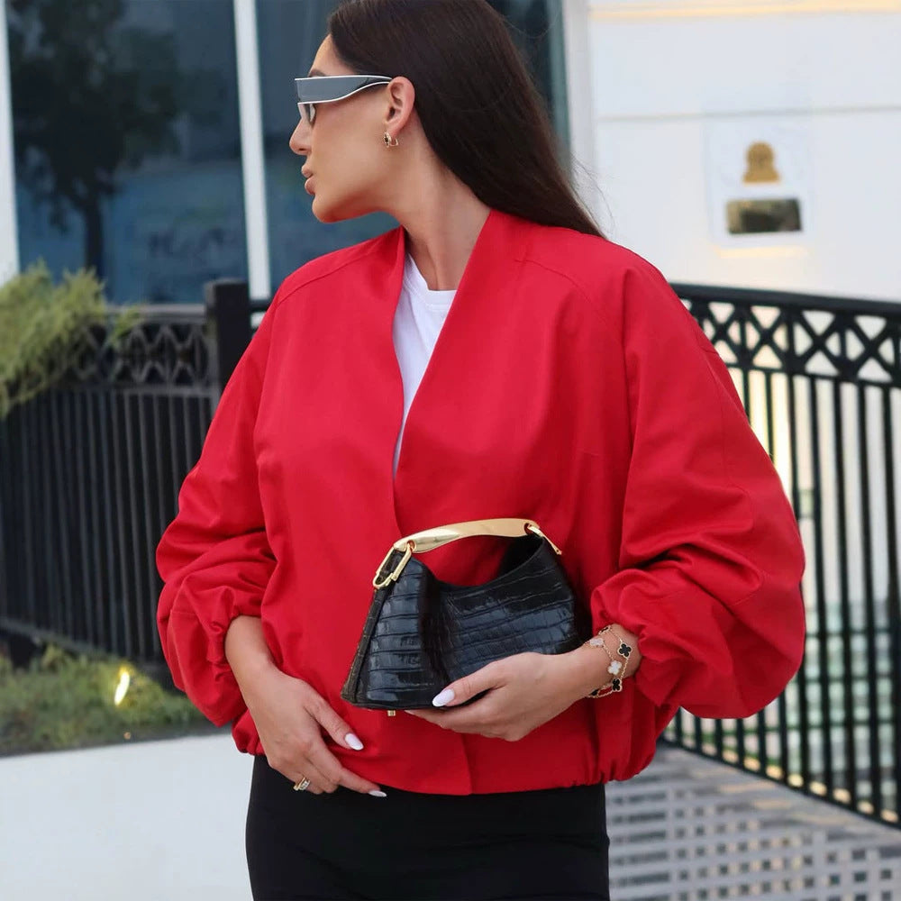 Damen kurz geschnittene Oversize-Wickeljacke mit Ballonärmeln Drune